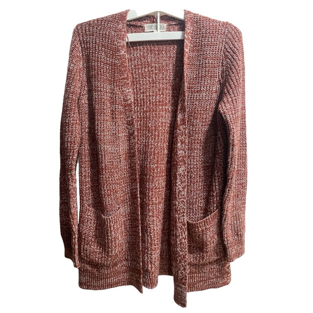 Pink Rose Open Front Cardigan,‎ size Medium, Rust Color/White Pockets
